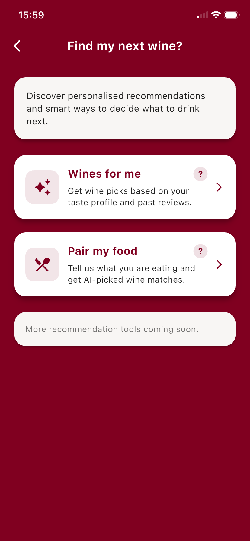 MyNextWine app showing a simple wine recommendation